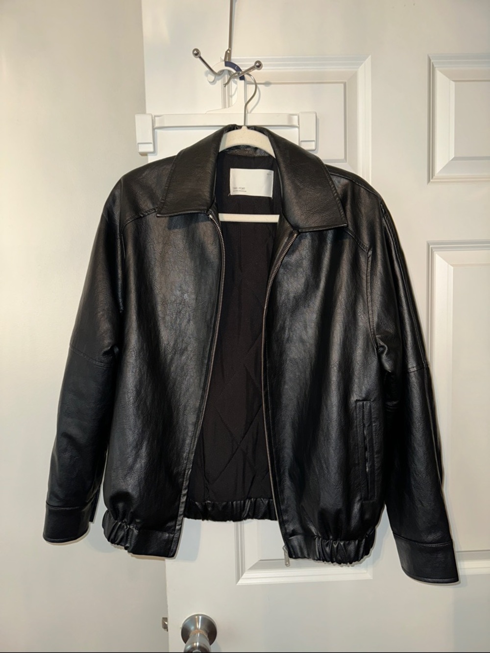 Oak + Fort Classic Black Leather Bomber Jacket